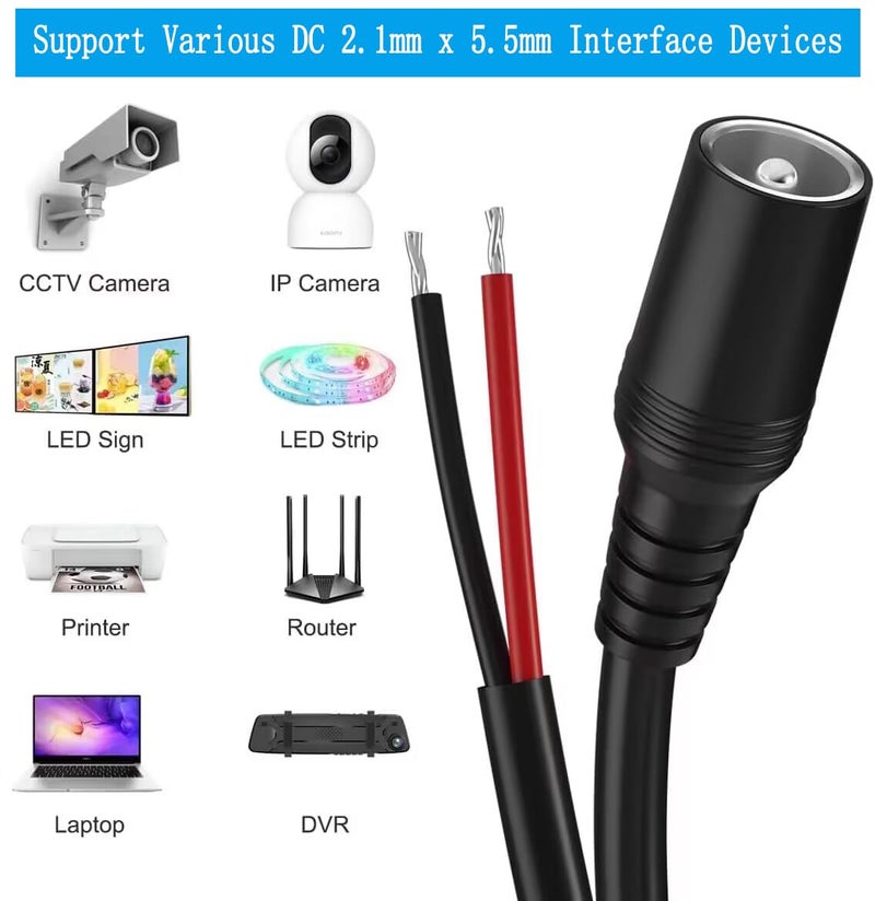 SIOCEN محول قابس جاك طاقة أنثوي DC 2.1mm x 5.5mm لكاميرا الأمان IP CCTV، DVR، HDVD، نظام مراقبة الرؤية الخلفية للسيارة، فيديو، ضوء شريط LED، سلك عاري منخفض الجهد DC Pigtail - Image 5